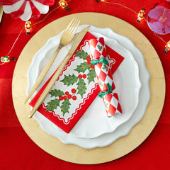Holly Long Lunch Paper Napkins - 8 Pack Display | Christmas Decor |