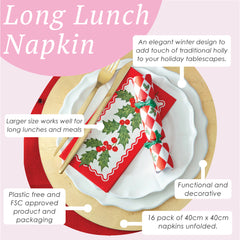 Holly Long Lunch Paper Napkins - 8 Pack Display | Christmas Decor |