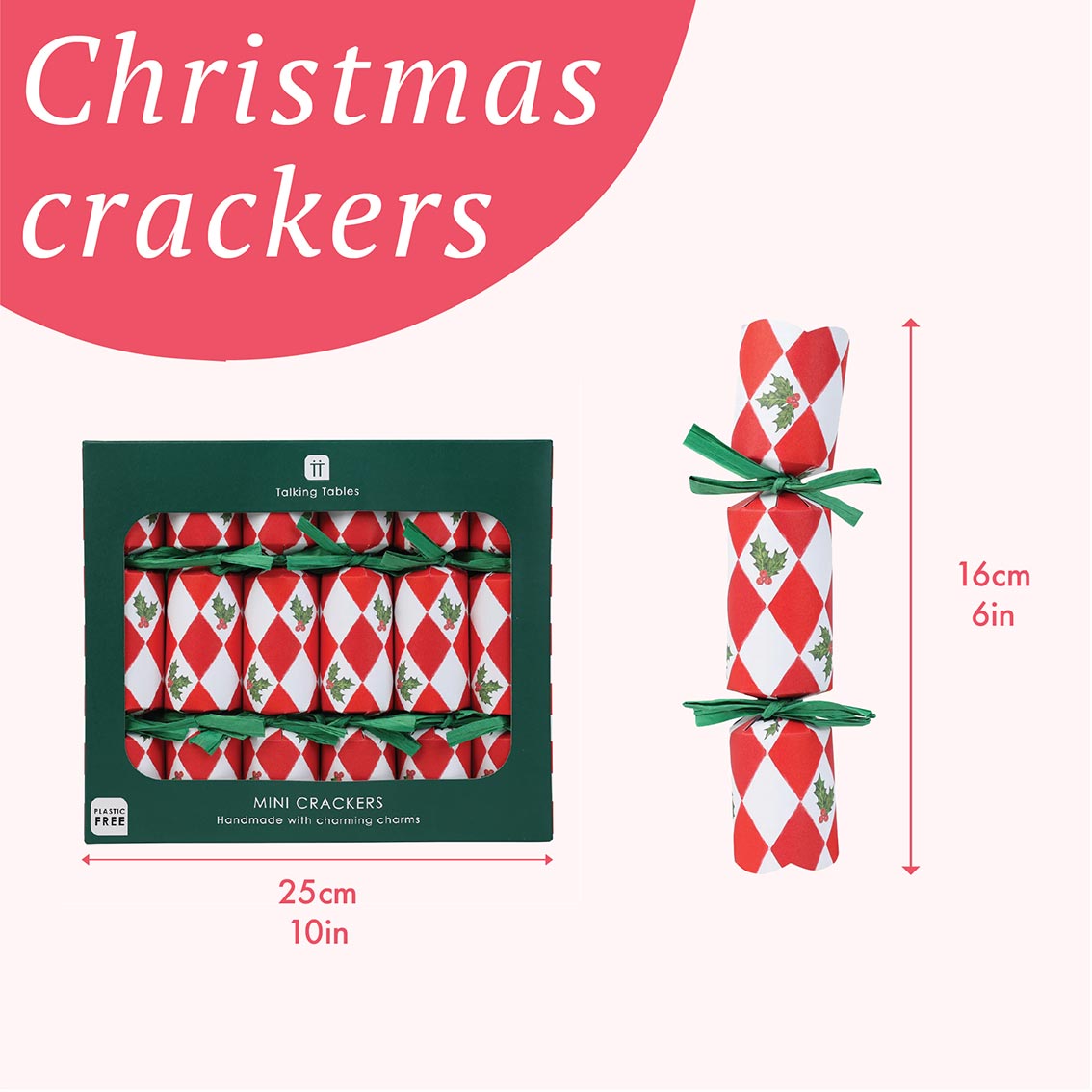 Holly Red & White Harlequin Mini Christmas Crackers - 6 Pack | Christmas Decor |