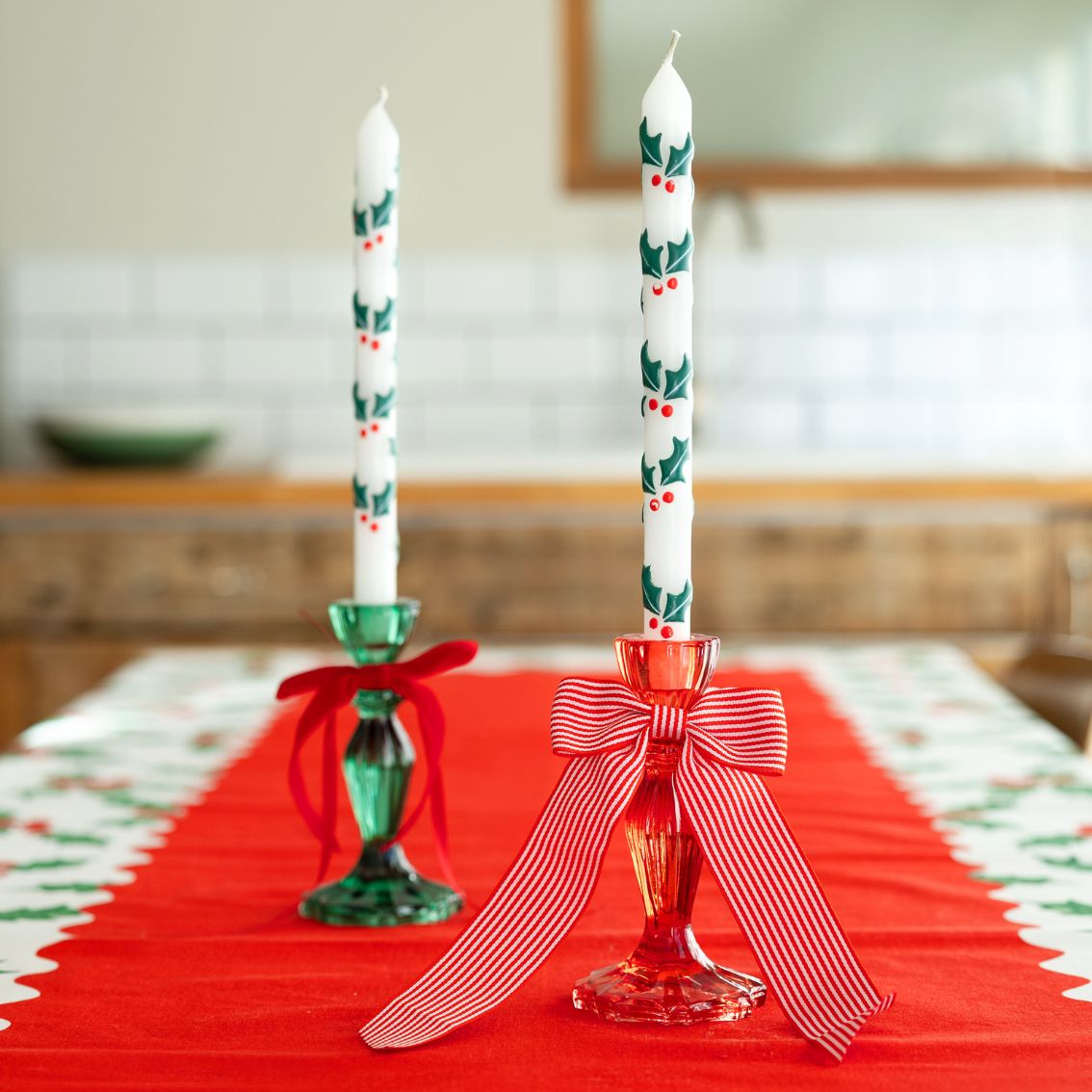 Holly Christmas Taper Dinner Candles - 12 Unit Display | Christmas |