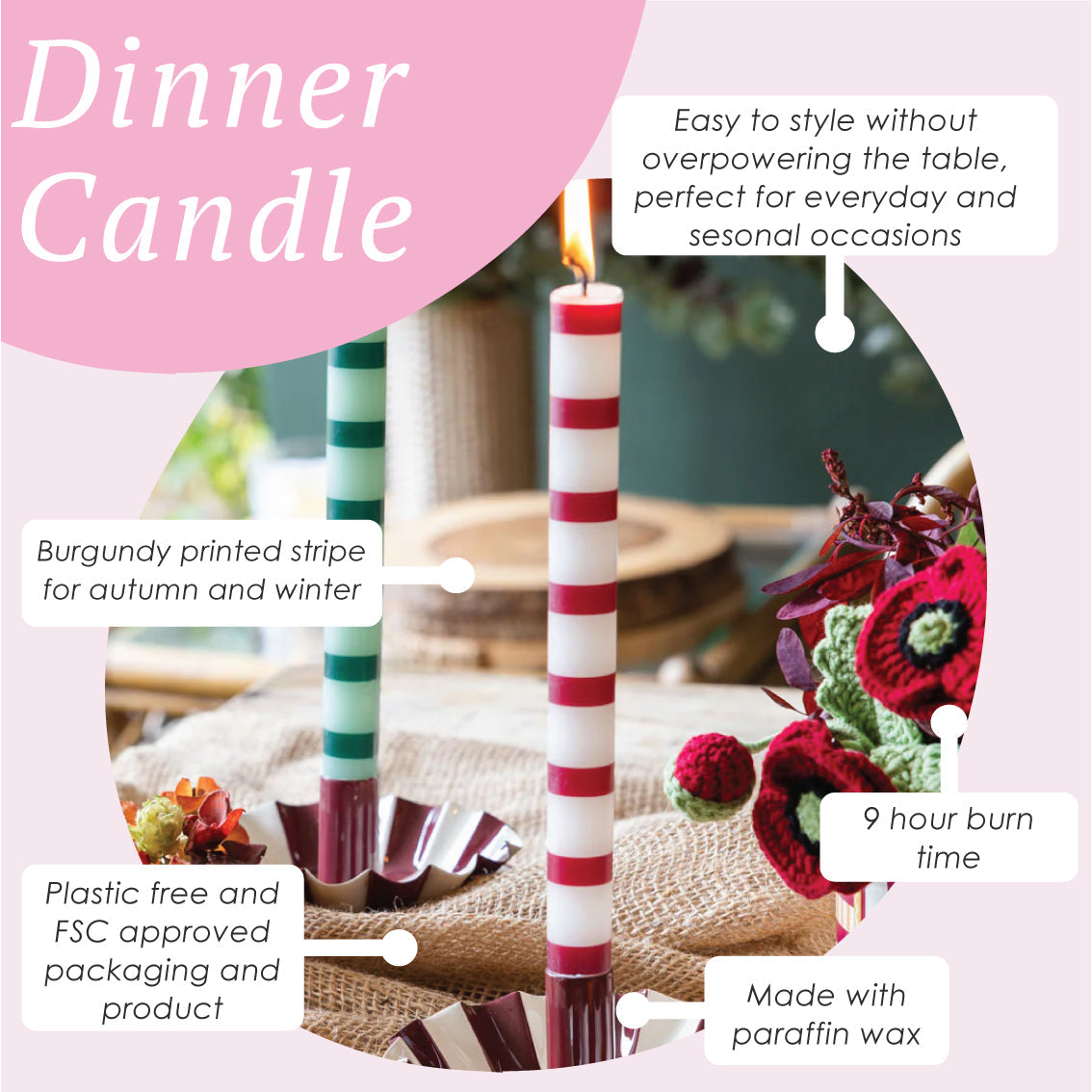 Burgundy & White Stripe Dinner Candles - 25 Unit Display | Home Decor |
