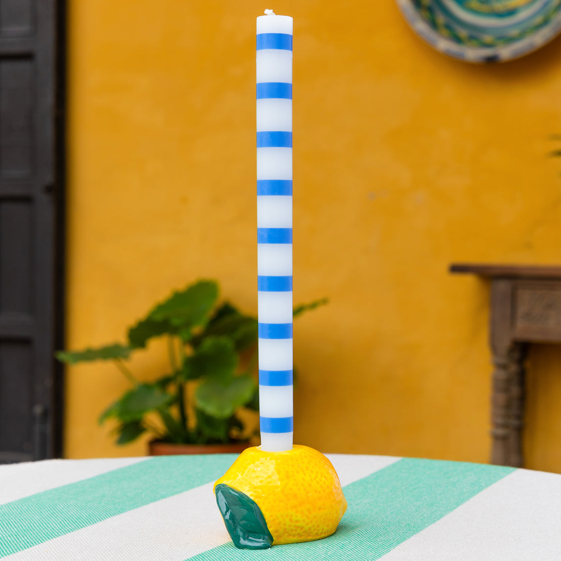 Blue & White Stripe Dinner Candles - 25 Unit Display | Outdoor Dining Decor |