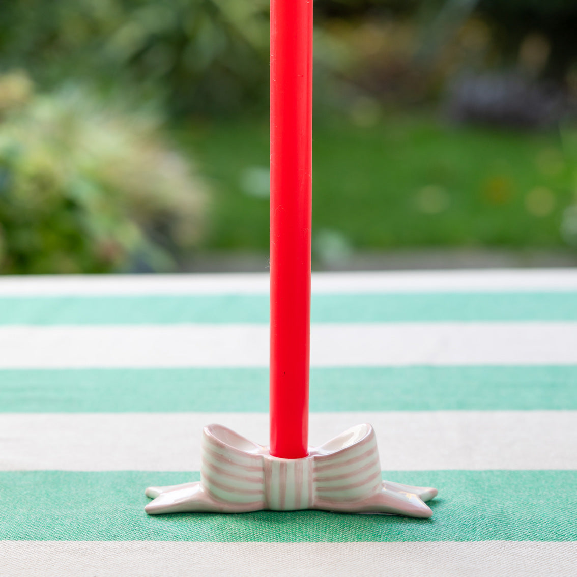 Hand-Painted Pink Bow Ceramic Candle Holder | Outdoor Dining Decor |