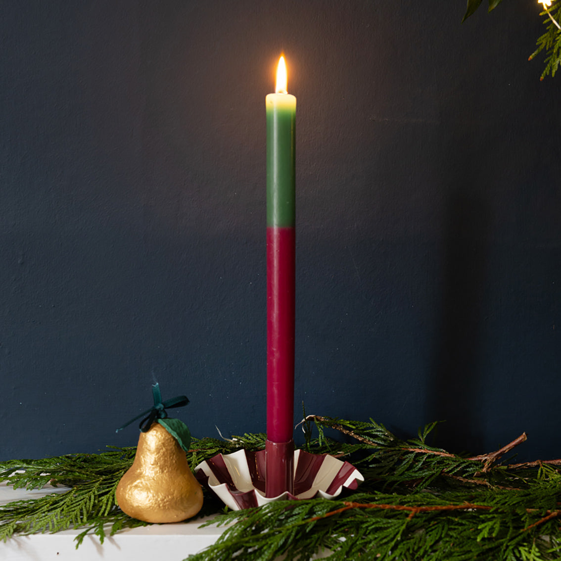 Burgundy Stripe Scalloped Candle Holder | Christmas Candle Holder |