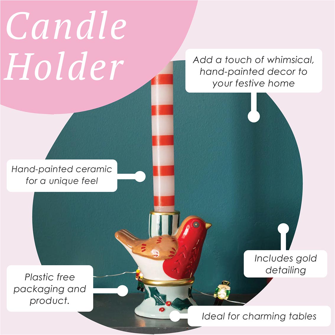 Hand-Painted Robin Candle Holder | Christmas Decor |
