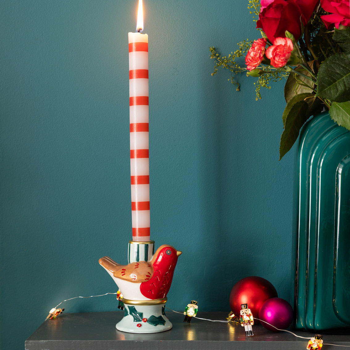Hand-Painted Robin Candle Holder | Christmas Decor |