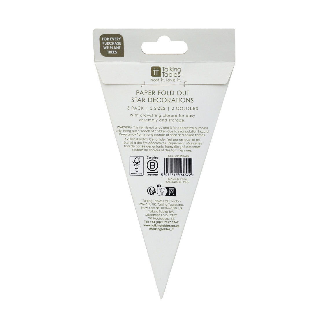 Folklore Paper Stars Christmas Tree Decorations - 3 Pack