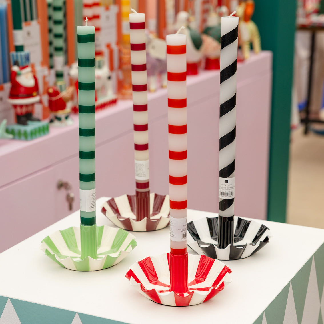 Green Stripe Straight Dinner Candles - 25 Unit Display | Outdoor Dining Decor |